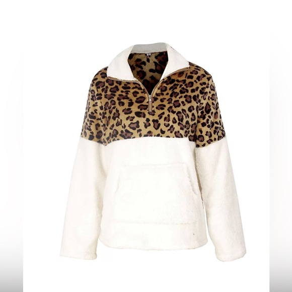🔹WOMEN’S LEOPARD PRINT HALF ZIP PULLOVER SHERPA (super soft) SWEATSHIRT - Picture 4 of 10